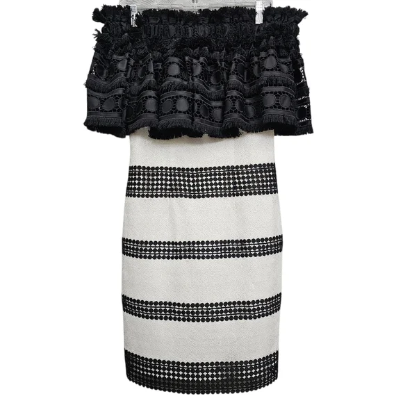 Nwot Badgley Mischka Black/White Off Shoulder Fringed Shortsleeve Ruffle Dress - Picture 16 of 17